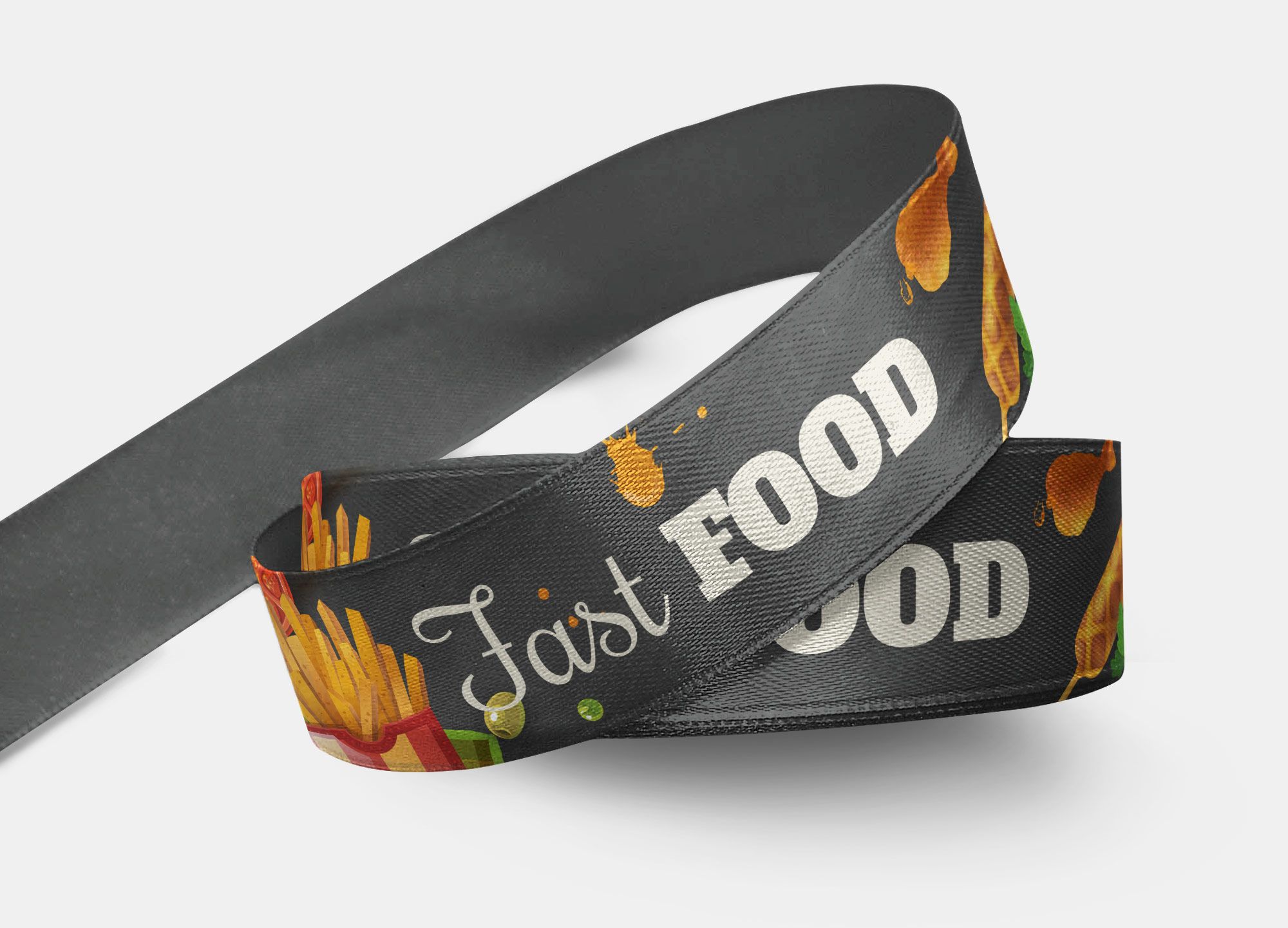 Nastro Fast Food perfetto per essere usato come porta-badge o braccialetto lasciapassare per eventi legati allo street food.