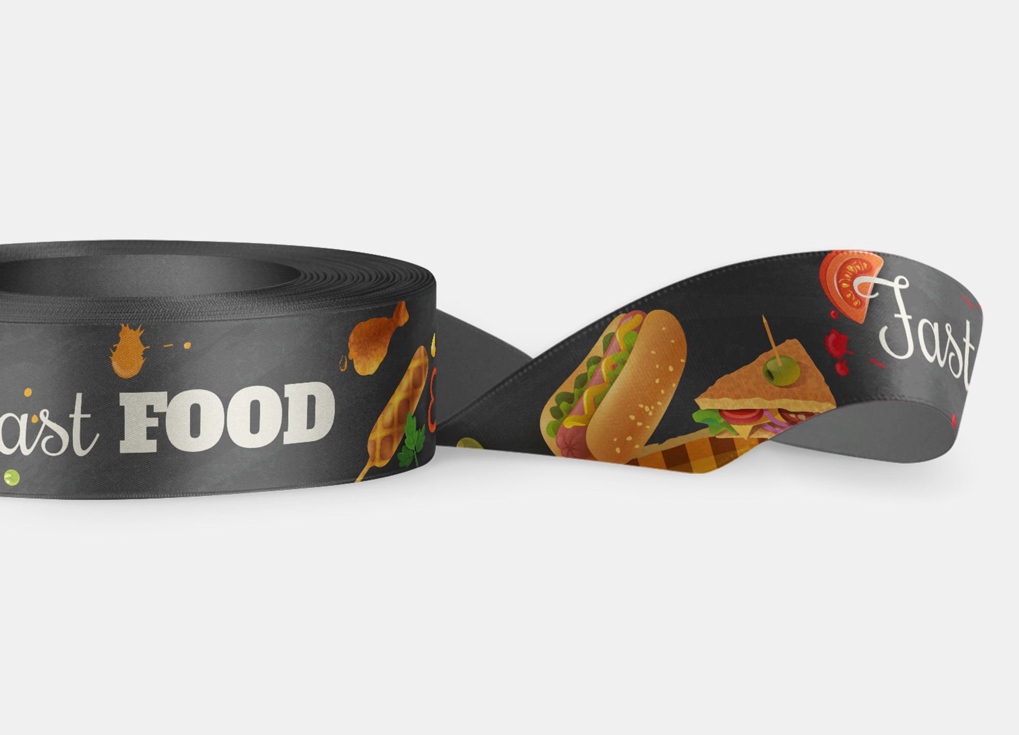 Nastro Fast Food perfetto per essere usato come porta-badge o braccialetto lasciapassare per eventi legati allo street food.