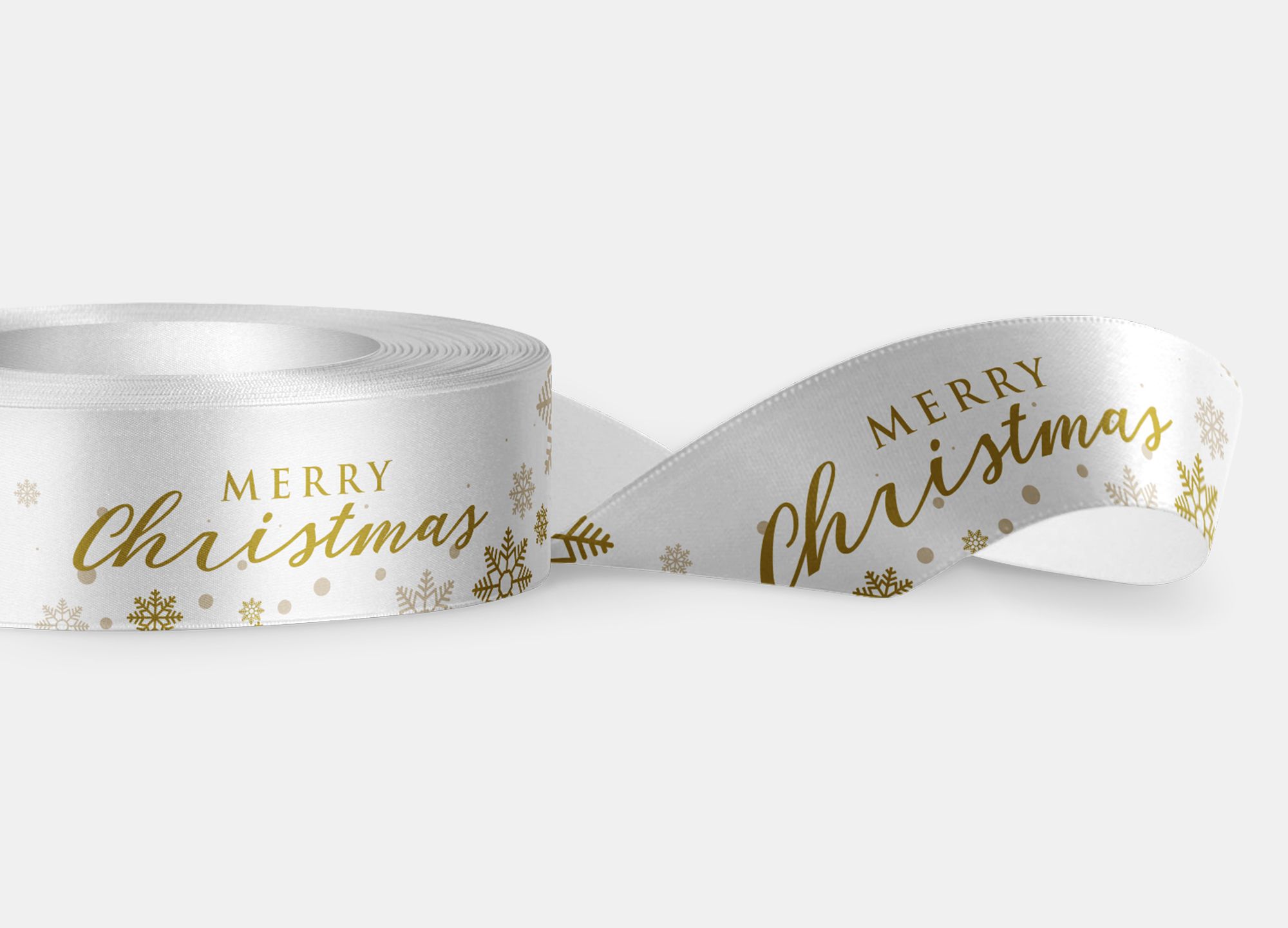Nastro in raso, con pattern elegante e scritta Merry Christmas dorata.