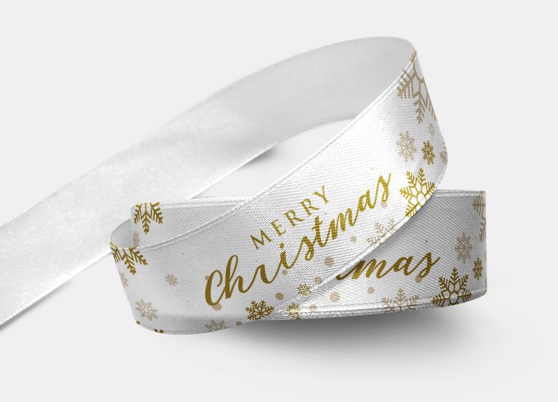 Nastro in raso, con pattern elegante e scritta Merry Christmas dorata.